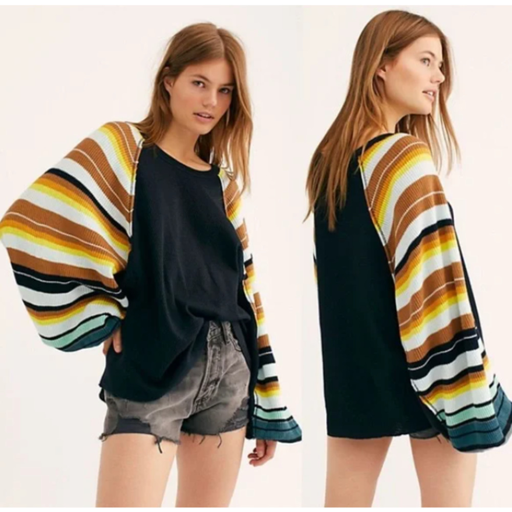 Free People Colorful Striped Sleeve Sweater